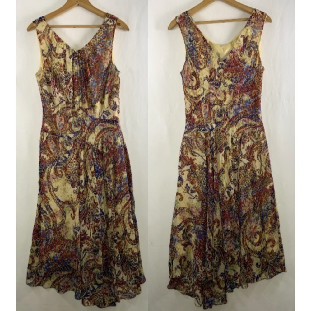 Paisley Chiffon Artsy Midi Dress Size 14 Asymmetrical Boho Chic Resort Fairy